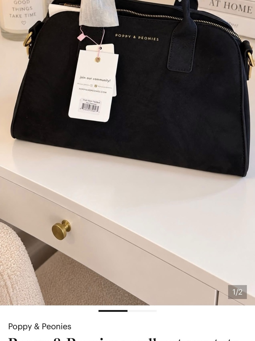 Poppy & Peonies small black uptown, tote faux suede